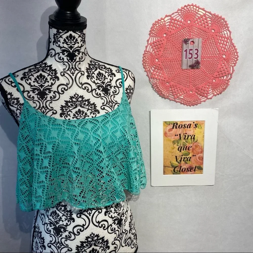 La Hearts Lace Crop Top Teal/Green - Picture 2 of 6